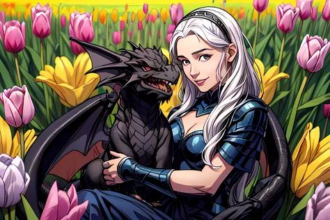 (style of Hieronymus Bosch), Daenerys Targaryen sitting holding a (cute (chibi) black dragon), smiling, field of tulips, sunny, ...