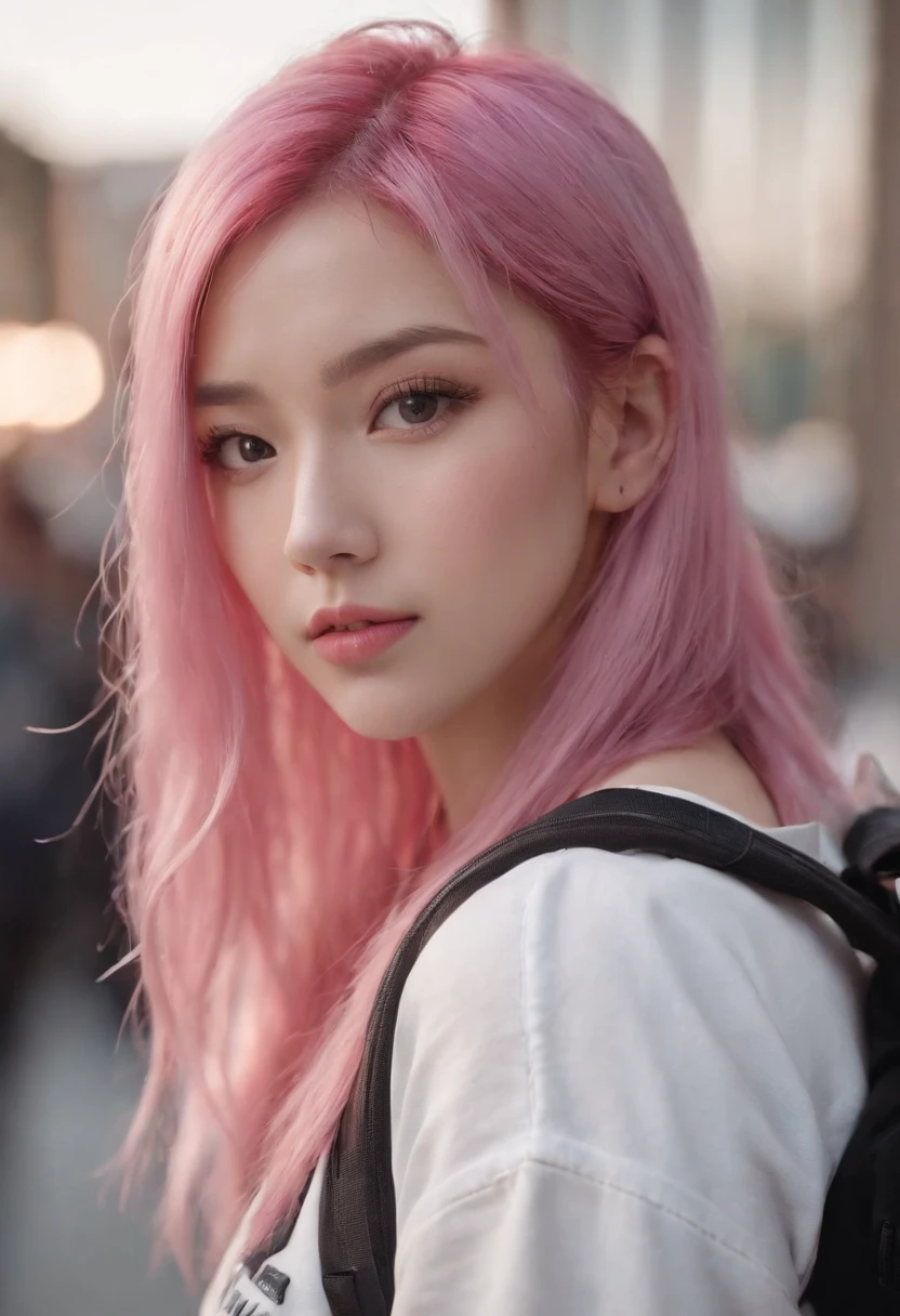 Anime girl with pink hair with backpack, She is seen wearing streetwear ...