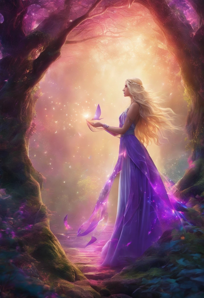 (best quality,4k,8k,highres,masterpiece:1.2),ultra-detailed,(realistic,photorealistic,photo-realistic:1.37),female with glowing purple eyes,blonde hair,witch,goddess,casting glowing spells,in mystical fantasy woods,illustration,magical atmosphere,mystical creatures,rays of light,ethereal beauty,enchanting landscape,vibrant colors,surreal dreamscape,hint of fog,dark forest,enchanted trees,whispering leaves,moonlit sky,sparkling stars,casting a spell,ancient runes,flowing gown,magical wand,aura of power,divine presence,powerful and mystical,ethereal and magical,moon goddess,otherworldly energy,captivating and alluring,spellbinding and mysterious,magical ambiance,graceful and elegant,mesmerizing and enchanting