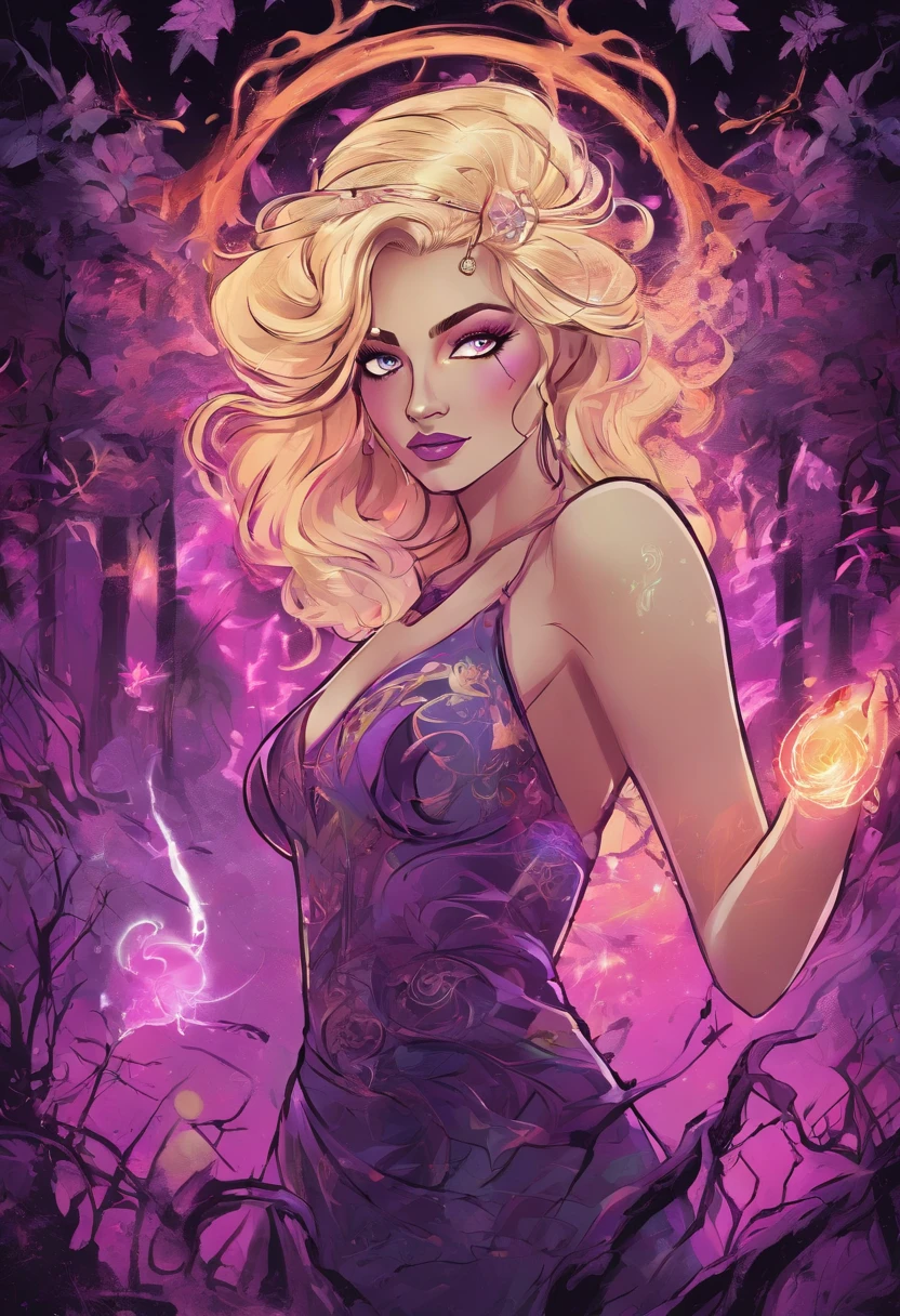 female with glowing purple eyes, blonde hair, witch, goddess, casting glowing spells, in mystical fantasy woods, evil smirk