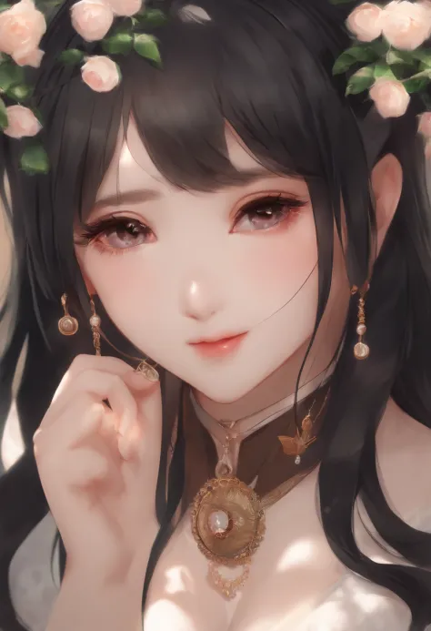 black hair, hair bobbles, wince, longeyelashes, solid circle eyes, fake animal ears, light smile, ear blush, fang, drop shadow, anaglyph, stereogram, tachi-e, pov, atmospheric perspective, anime style, depth of field, rococo style, Romanticism, 8k, super d...