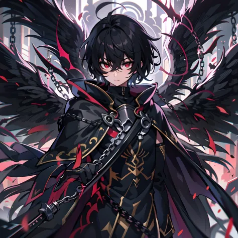 upper body, 1boy, black hair, short Haired, Red eyes, (Dark Lightning ArchAngel), Black Long hoodie Cape, Chained Sword, tunic, wallpaper, throne background, chain particles, (masterpiece), best quality, Black mouth mask, side-swept bangs, Top Quality, bla...