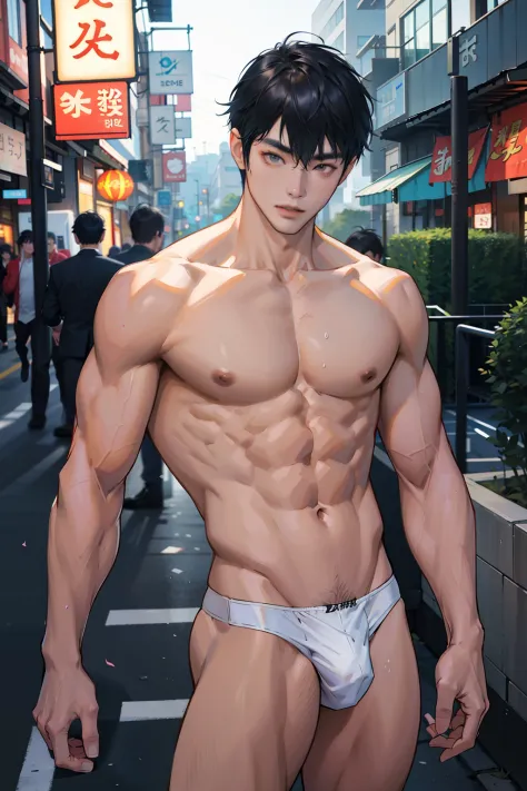 A Korean man, Slim body , Pale Asian skin, good eyes, Detailed body,massive bulge， Detailed face, Wear an extra short thong, Bare lower body, Good outdoor lighting, A sexy pose, Good expression , Sexy but cute, No beard, ,Only thongs, A handsome face like ...