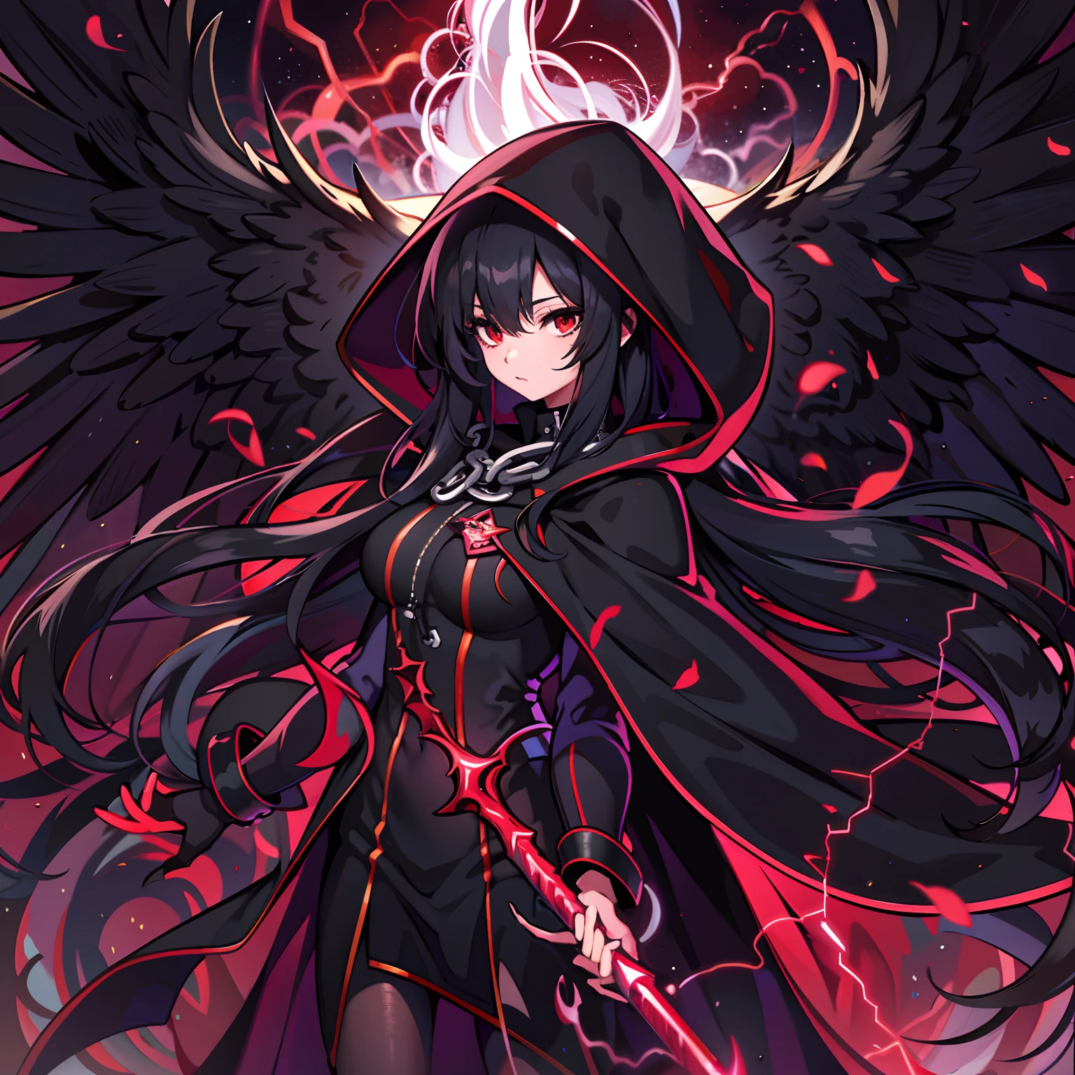 upper body, 1woman, black hair, Long Haired, Red eyes, (Crimson Lightning Angel), Black Long hoodie Cape, Black Large Scythe, tunic, big breats, wallpaper, Chain background, light particles, (masterpiece), best quality, side-swept bangs, Top Quality, black large wing