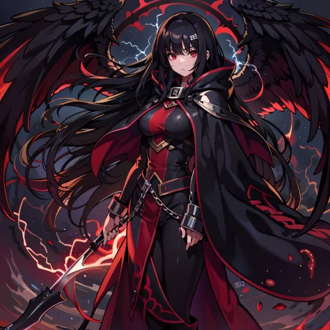 upper body, 1woman, black hair, Long Haired, Red eyes, (Crimson Lightning Angel), Black Long hoodie Cape, Black Large Scythe, tunic, big breats, wallpaper, Chain background, light particles, (masterpiece), best quality, side-swept bangs, Top Quality, black...