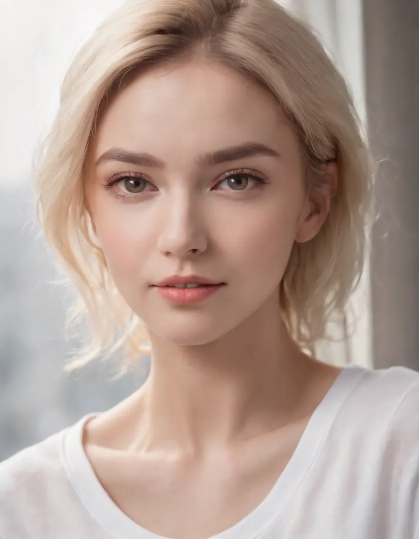 (photo: 1.3) af (realism: 1.4), (((white T-shirt))), (blond lady), super high resolution, (realism: 1.4), 1 girl, female avatar, soft light, Short hair, facial focus, cheerful, young, confident, ((gray background)), (((monochrome background))), high defini...