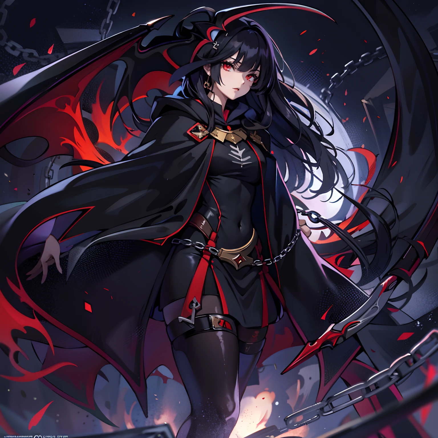 upper body, 1woman, black hair, Long Haired, Red eyes, (Vampire), Black Long hoodie Cape, Black Large Scythe, tunic, big breats, wallpaper, Chain background, light particles, (masterpiece), best quality, side-swept bangs, Top Quality, black large wing