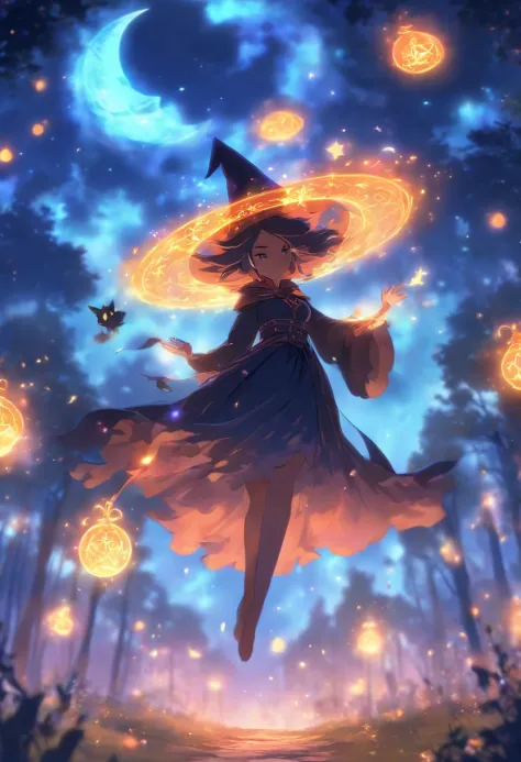 (best quality,4k,highres),(realistic:1.37),witch casting orange glowing spells,moonlight,magical fantasy forest,twinkling stars,shadowy trees,enchanting atmosphere,sparkling fireflies,mysterious orbs,witch's cloak billowing in the wind,spellbook with ancie...