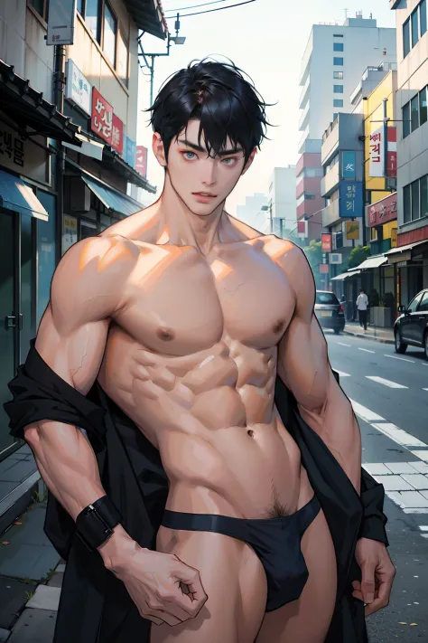 A Korean man, Slim body , Pale Asian skin, good eyes, Detailed body,massive bulge， Detailed face, Wearing a tong, Bare lower body, Good outdoor lighting, A cool pose, Good expression , Sexy but cute, No beard, ,Only thongs, A handsome face like a K-pop ido...