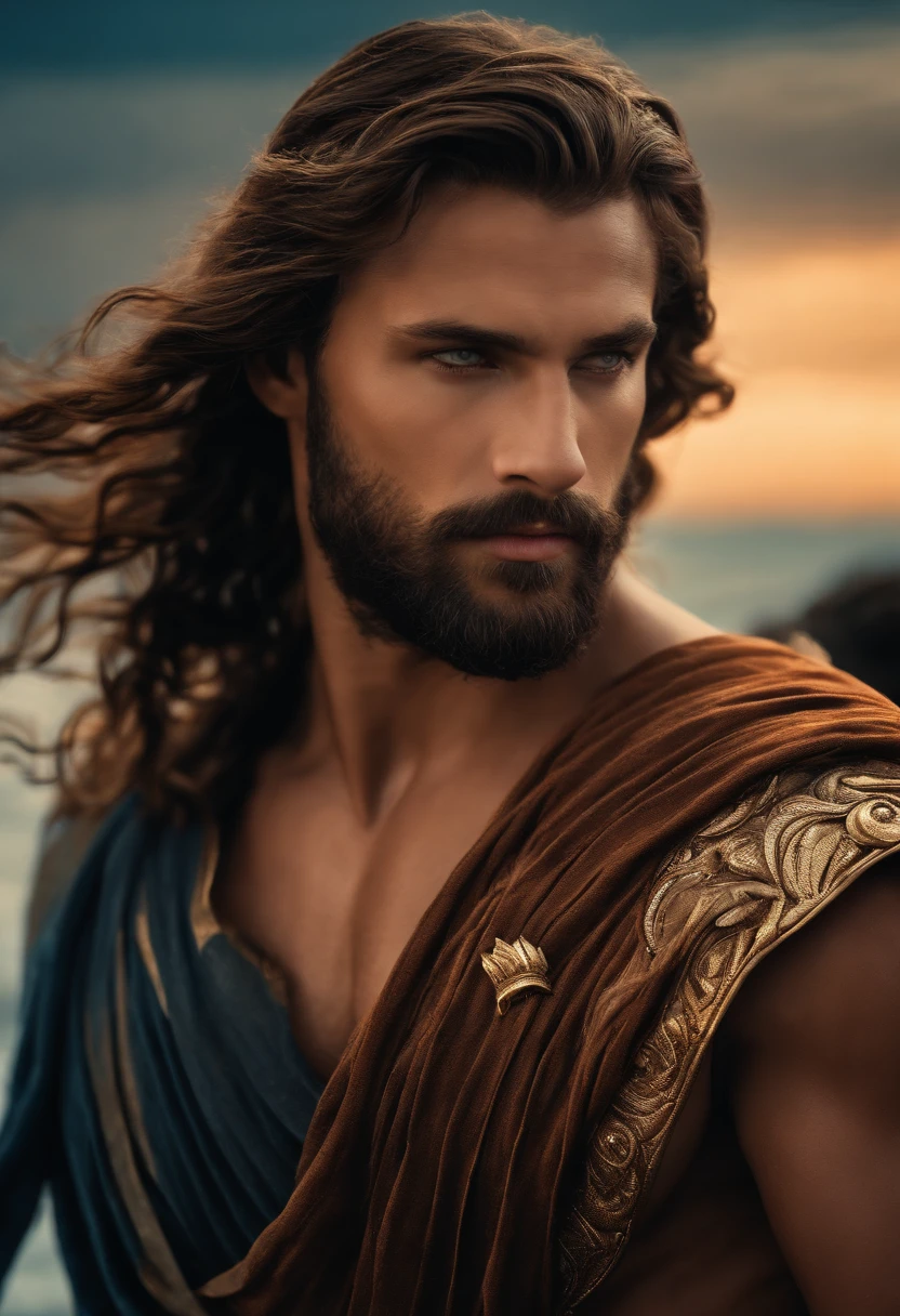 Poseidon, shoulder length brown hair, beard, ocean blue eyes, chiton, greek toga, muscular.