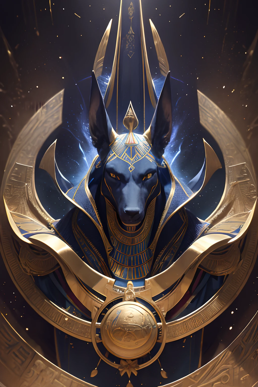 1 Mann,Gott Anubis vor einem Altar,Gruppen von ägyptischen,Wirbel aus Feuer,Aura,Magie,Funken,Magie astral,Illustration,ultra-detailliert(beste Qualität,4k,8k,highres,Meisterwerk:1.2),realistisch, altägyptischen Porträts,lebendige Farben,Schatten und Lichter,dramatische Beleuchtung