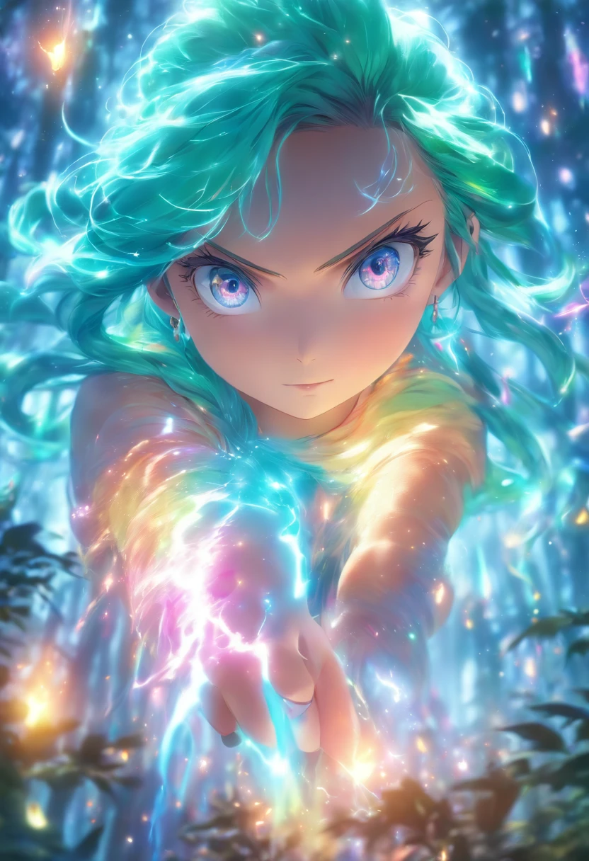 (best quality,4k,8k,highres,masterpiece:1.2),ultra-detailed,(realistic,photorealistic,photo-realistic:1.37),female with glowing teal eyes,rainbow colored hair,casting glowing spells,mystical forest,illustration,enchanted atmosphere,vibrant colors,soft lighting