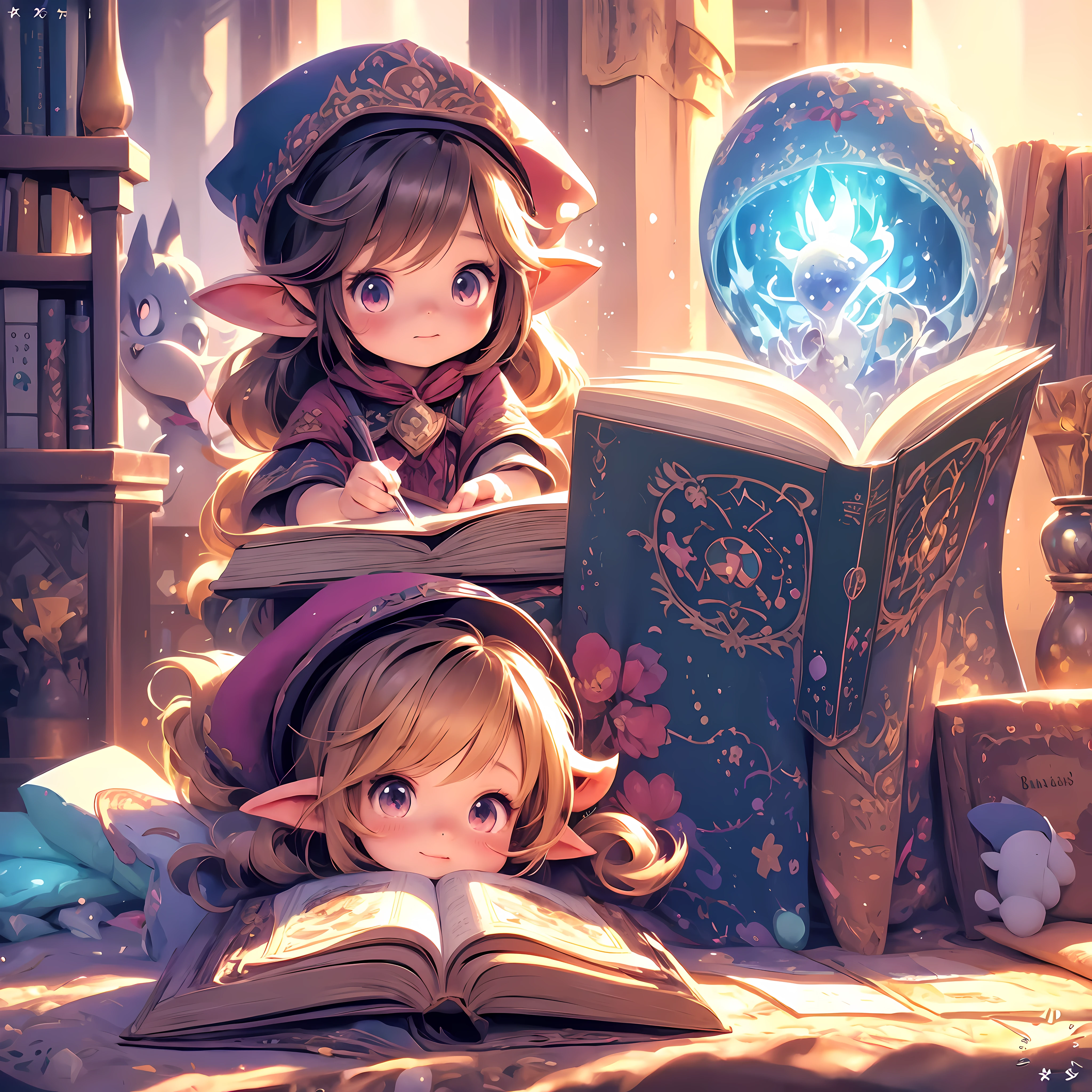 anime girl reading a book with a hat on her head, adorable digital painting, magic book, cute detailed digital art, little girl with magical powers, fantasy book illustration, holding spell book, fantasy book, cute digital art, cute storybook illustration, artbook artwork, spell book, happy brave magical cuteness, lalafell, anime fantasy illustration