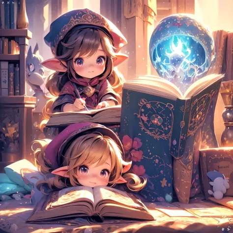 anime girl reading a book with a hat on her head, adorable digital painting, magic book, cute detailed digital art, little girl ...