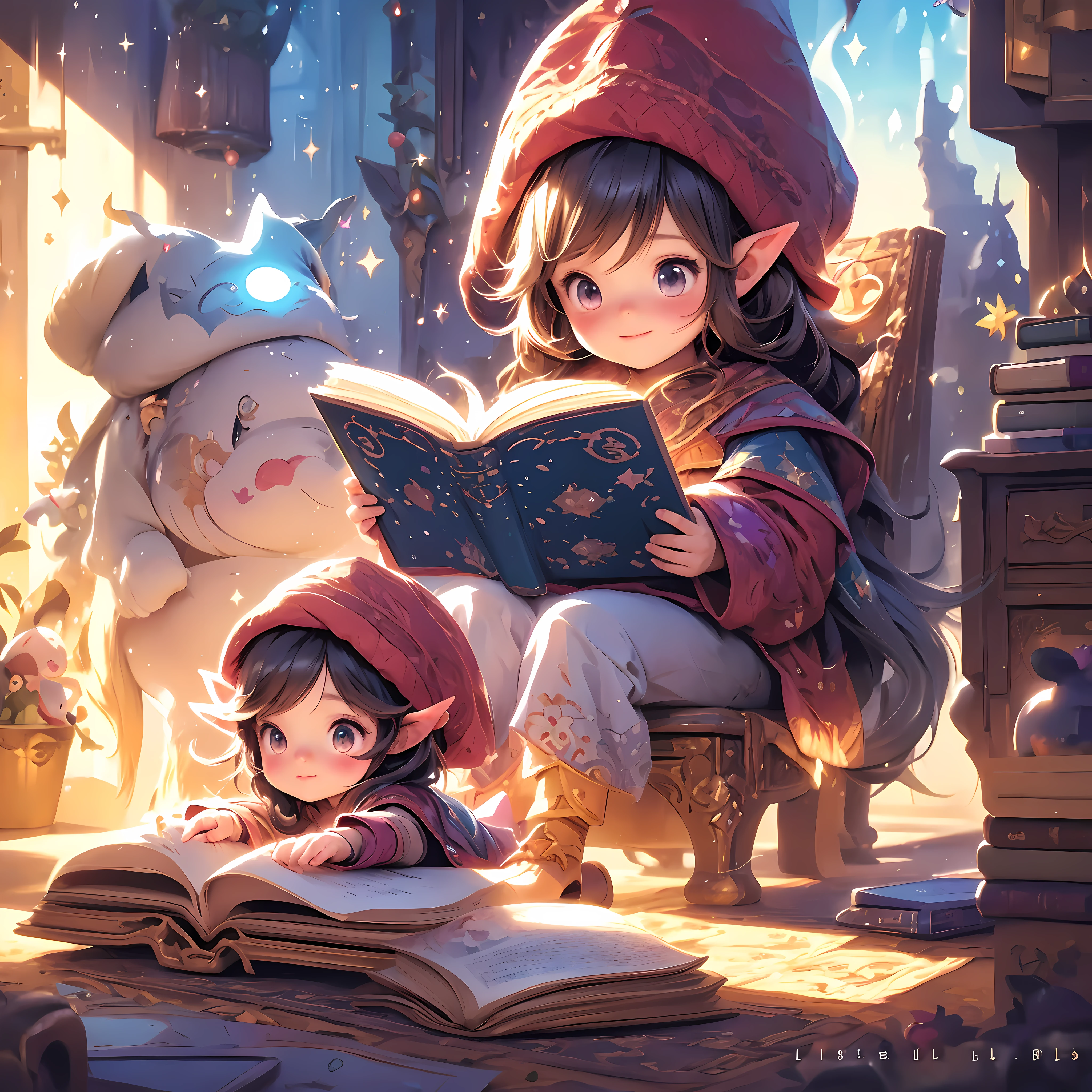 anime girl reading a book with a hat on her head, adorable digital painting, magic book, cute detailed digital art, little girl with magical powers, fantasy book illustration, holding spell book, fantasy book, cute digital art, cute storybook illustration, artbook artwork, spell book, happy brave magical cuteness, lalafell, anime fantasy illustration