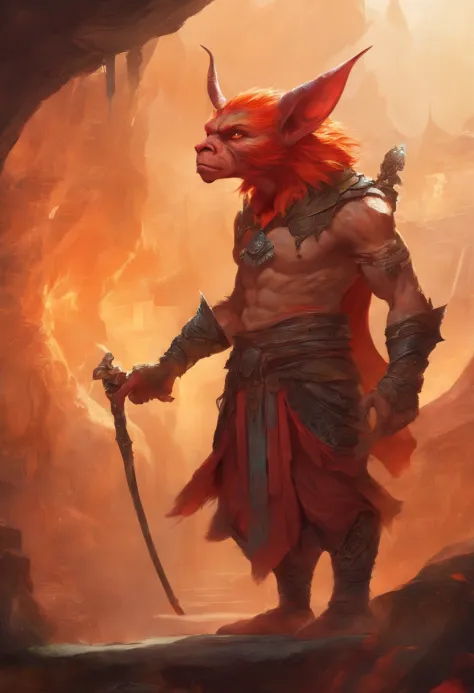 A red-skinned goblin (inspected from the red-skinned Japanese Oni demon). The elf is dressed in a toga made of furry orange fur. the skin is orange in color with black dots and thin stripes and a round patch on the skin. The atmosphere is one of magic and ...