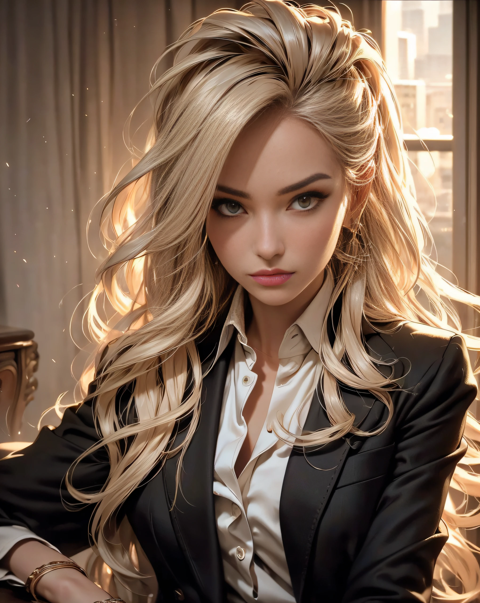 (high quality,realistic:1.2),portrait,golden hair,beautiful girl wearing a black jacket,detailed eyes,luscious lips,sensual gaze,luxurious texture,shimmering highlights,soft shadows,subtle smile,impeccable makeup,perfect skin tone,varied golden hues,mesmerizing presence,extraordinary attention to detail,immaculate shading,flawless complexion,expressive eyebrows,long eyelashes,graceful pose,stylish and confident demeanor,striking contrast between the jacket and hair,professional photography,rich color palette,subdued lighting,subtle bokeh effects,glowing complexion,meticulously crafted features,exquisite realism,artistic sophistication.