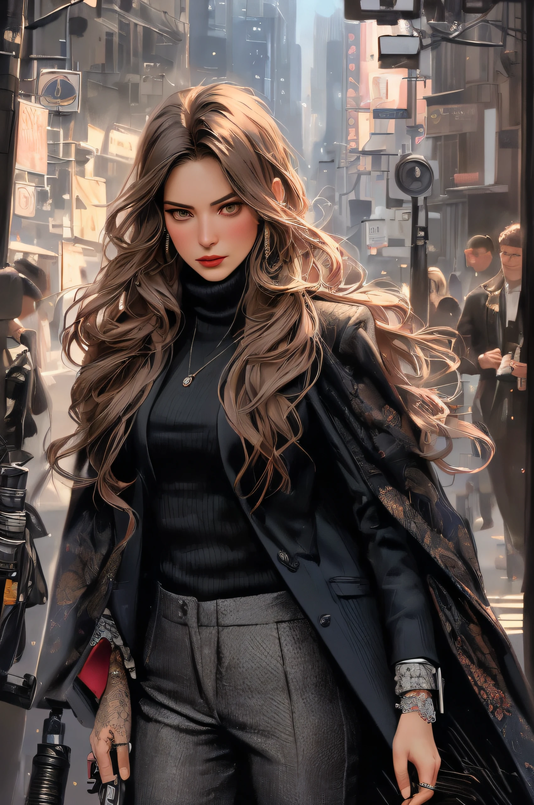photo of (4nn4t4tu:0.99), a woman as a movie star, modelshoot style, (extremely detailed CG unity 8k wallpaper), photo of the most beautiful artwork in the world, professional majestic oil painting by Ed Blinkey, Atey Ghailan, Studio Ghibli, by Jeremy Mann, Greg Manchess, Antonio Moro, trending on ArtStation, trending on CGSociety, Intricate, High Detail, Sharp focus, dramatic, photorealistic painting art by midjourney and greg rutkowski, (long brown coat), (turtleneck), ((comicon event)), (trousers), ((standing on the red carpet)), ((paparazzi in the background)), (looking at viewer), (detailed pupils:1.3), (modern outfit:1.2), (closeup), red lips, (eye shadow)