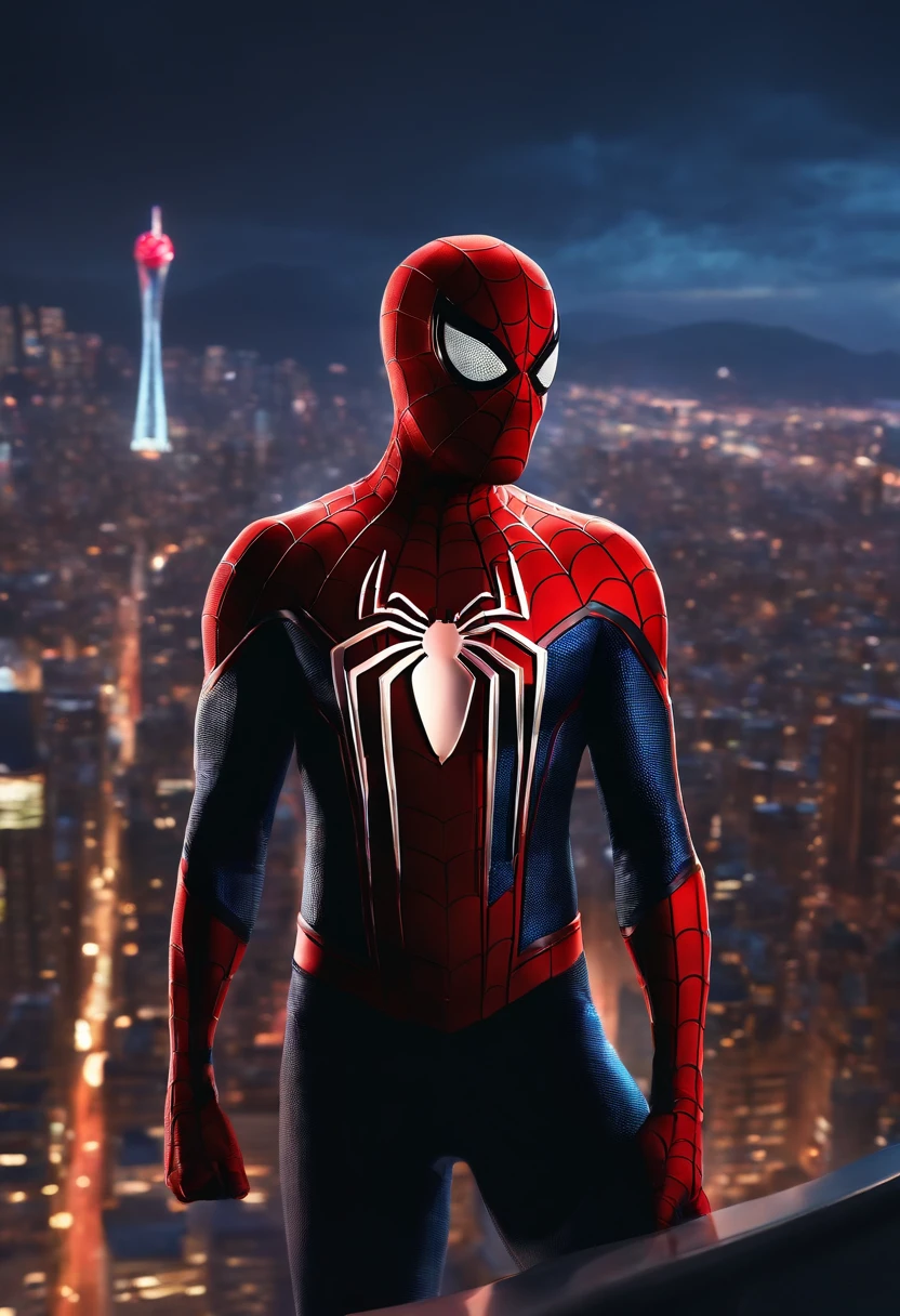 Spider - Man in a suit standing on a roof with a cyberpunk city in the ...