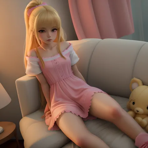Blonde-haired girl sitting on a couch with a stuffed animal, Renderizado en SFM, sitting in her room, sentada en su cama, Loli e...
