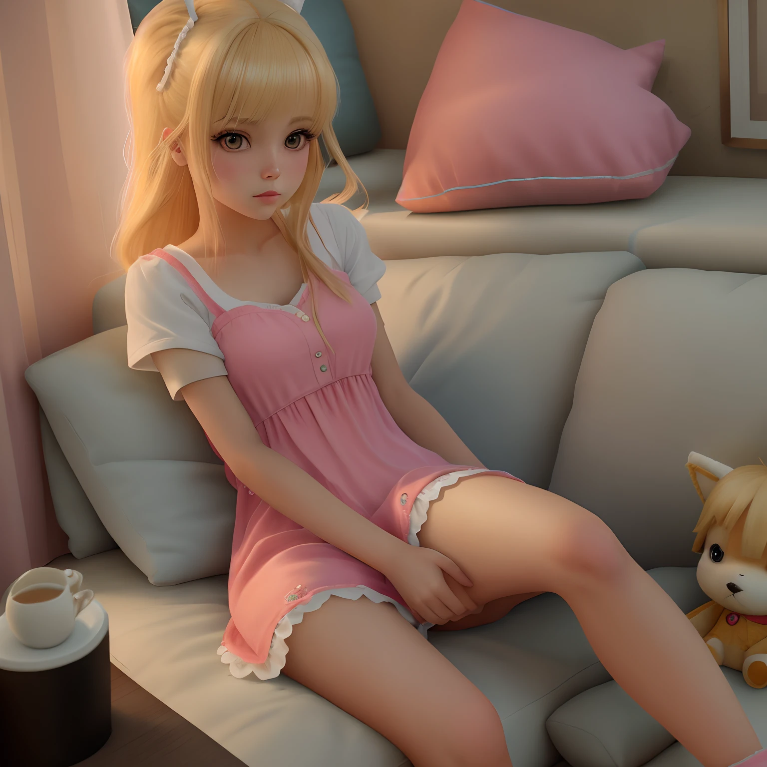 Blondes Mädchen sitzt auf einer Couch mit einem Stofftier, In SFM gerendert, sitzt in ihrem Zimmer, sitzt auf ihrem Bett,  im Kleid, Ultrarealistisches Bild, Anime Barbie in weißen Strümpfen, Glatter 3D-Render, Lola Bunny Fanart, Als wäre Lisa Simpson zum Leben erwacht, Amy Sol-Stil, gekleidet in ein rosa Kleid, realistische sanfte Beleuchtung