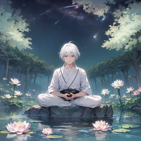 a white-haired boy，（Anime boys：1.2），Sit on a lotus flower and meditate，The water is calm，Back to the landscape，The Milky Way is ...