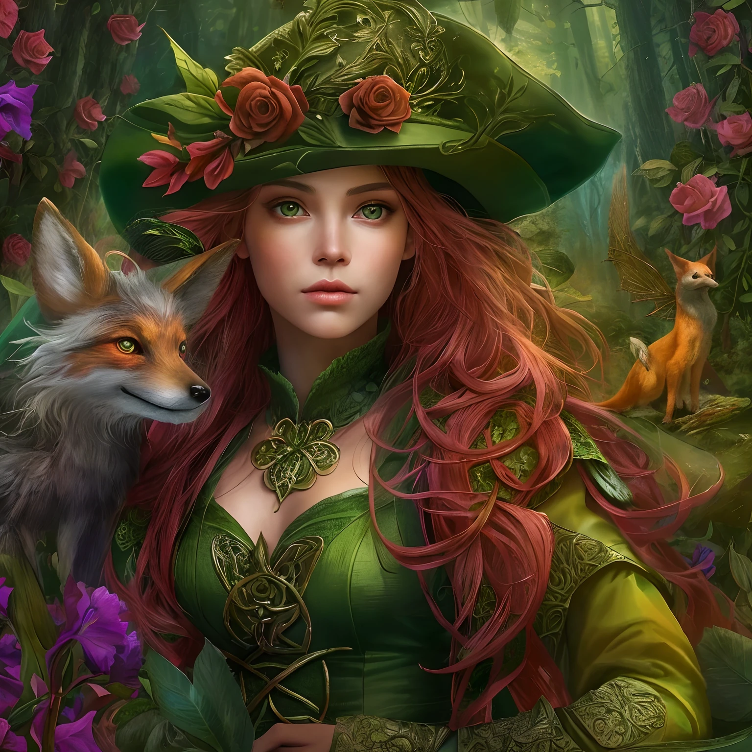 high details, best quality, 8k, [ultra detailed], masterpiece, best quality, (extremely detailed), dynamic angle, ultra wide shot, RAW, photorealistic, fantasy art, dnd art, rpg art, realistic art, a wide angle picture of a female  fairie ranger and her pet fox, warrior of nature, fighter of nature, full body, [[anatomically correct]]. dynamic position (1.5 intricate details, Masterpiece, best quality) talking to a fox (1.6 intricate details, Masterpiece, best quality) in forest (1.5 intricate details, Masterpiece, best quality), a female  wearing (medium length dark green dress) with thigh high green stockings and hat (1.4 intricate details, Masterpiece, best quality), thick hair, long hair, red hair, fair skin intense (brown) eyes, forest  background (intense details), a stream flowing in the backgraound (1.4 intricate details, Masterpiece, best quality), dawn light, clouds (1.4 intricate details, Masterpiece, best quality), dynamic angle, (1.4 intricate details, Masterpiece, best quality) 3D rendering, high details, best quality, highres, ultra wide angle, celtic fantasy, clover, poison ivy, fae, goddess of mischief, green magic, (wearing green tophat), pixie, fairy, celtic, celtic fantasy art, celtic fantasy, beautiful fairie, beautiful fairy, very beautiful fantasy art, Autumn, beautiful autumn spirit, fall season, Dark colored roses, perfect creation, perfect art, highly detailed, detailed art, masterpiece, perfect creation, perfect art, (outlined iris), (perfect eyes),