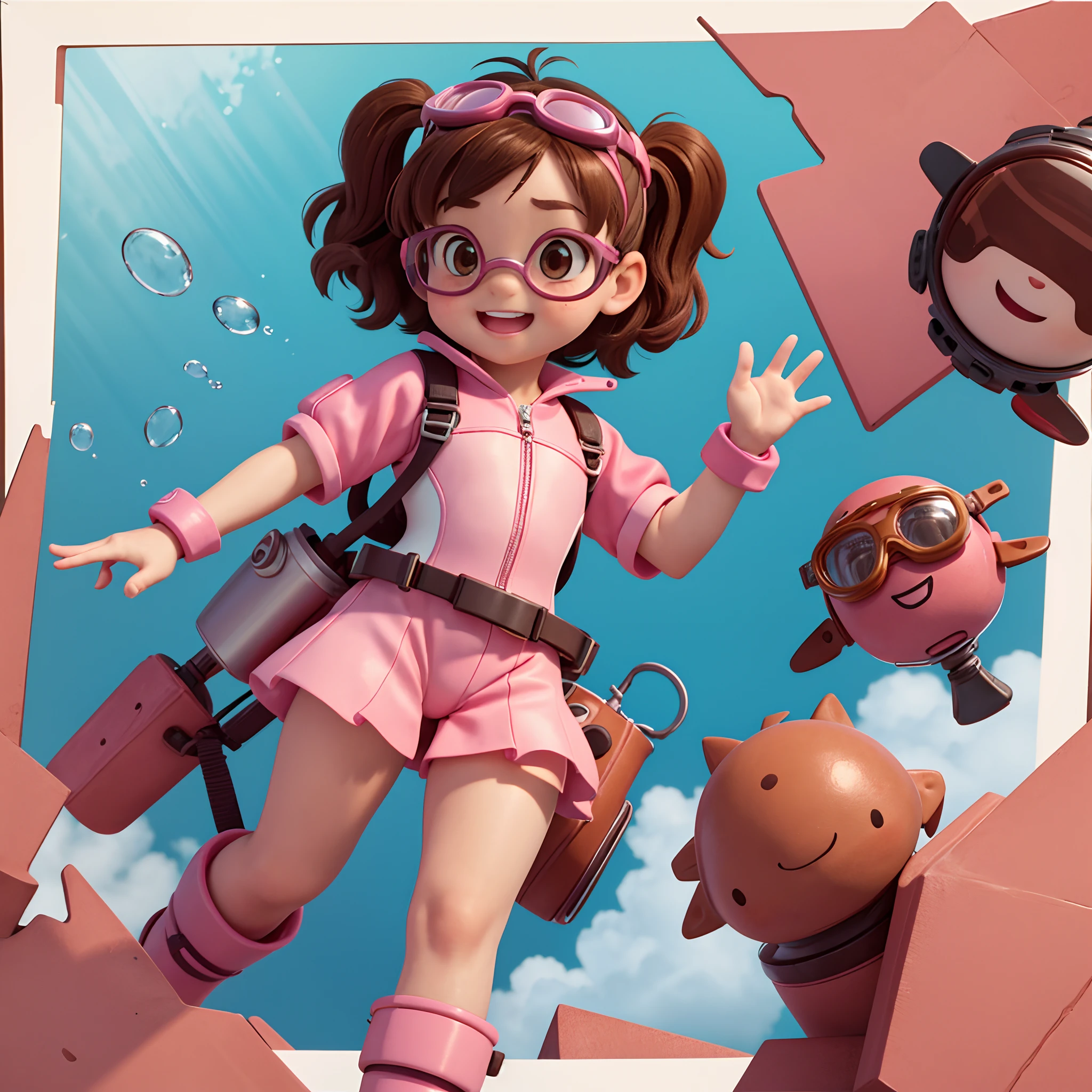 Front-facing image, a 4-year-old little girl waving her hand towards the camera, 3 frames for character animation, identical character design in each frame, the  is alone, happy, with brown hair, brown eyes, rosy cheeks, diving goggles, pink diving suit, diving gloves, diving shoes, clean background, white background.