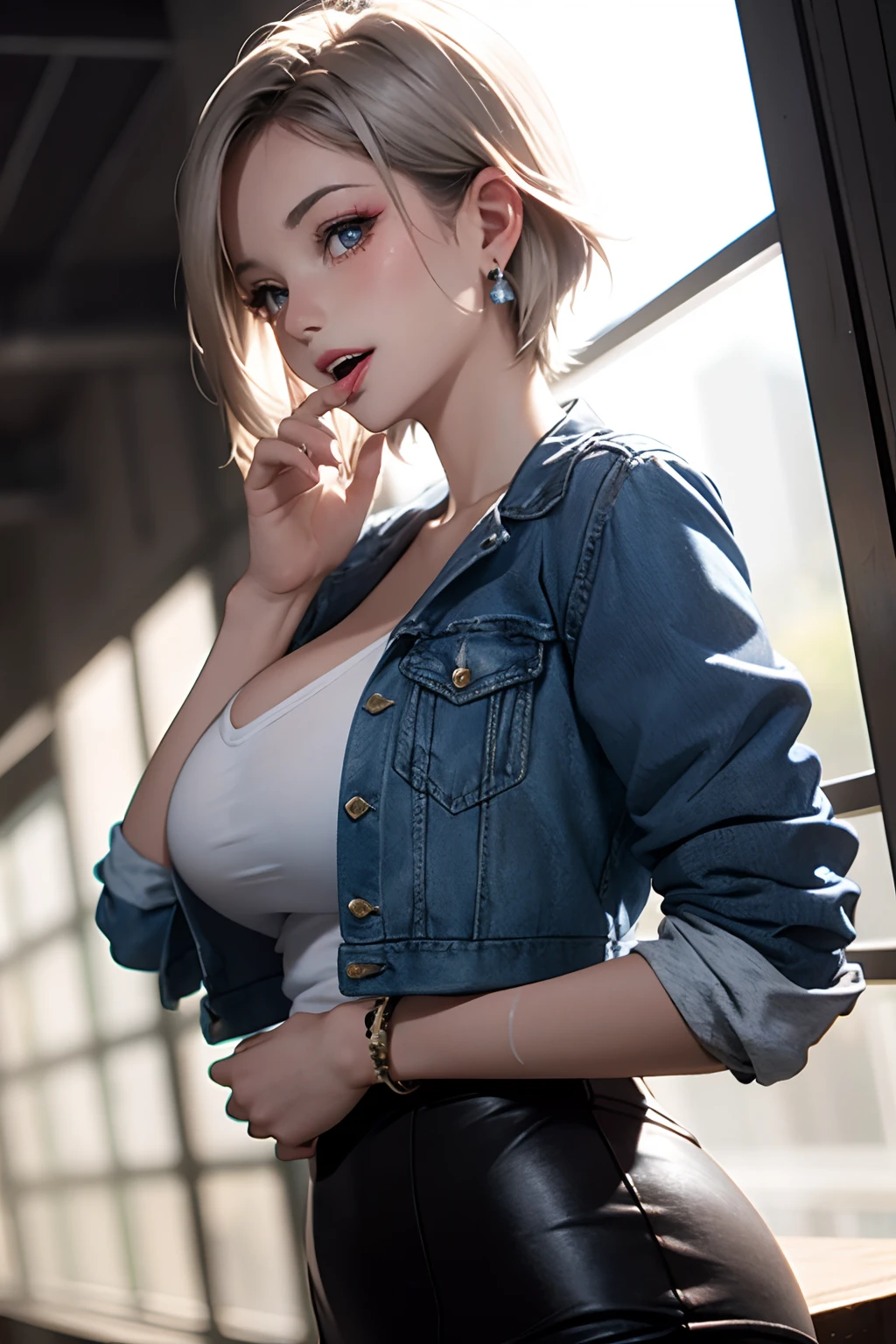 1girl in, 独奏, android 18, Silver blonde hair, Blue eyes, Short hair, Jewelry, earrings, Smile, Jacket, Looking to the side, denim, Denim jacket, Upper body, makeup、cloud, skyporn, day, Looking away, Blue sky, clavicle, Leather Mini Skirt、Amitant、Full body painting of boots、A MILF, very Bigger breasts，busty figure, fleshy feeling, Sweat profusely, perfect  detail, High-resolution fine textures, depth of field effect, Vivid lighting effects, lightand shade contrast, Ray tracing and flare effects, Best texture, A futuristic, Genre painting、finger in another's mouth, open mouth, finger biting, finger sucking, licking, tongue, teeth, tongue out, ass pov, ass pov hands, saliva, tongue