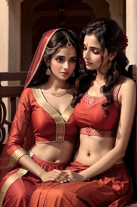 Woman in red Lehenga, Sitting on the lap of a woman wearing a harem sare, making out, agressive