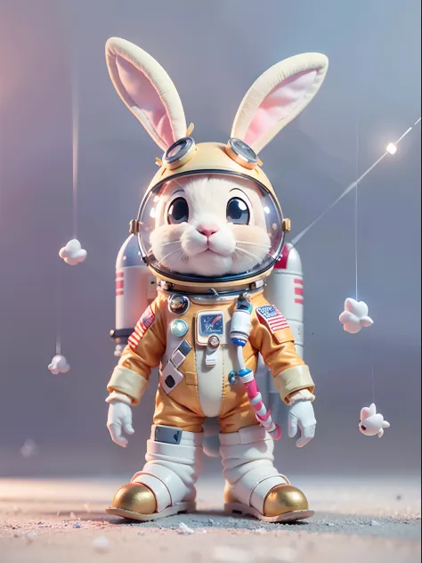 Cartoon bunny astronaut with space rocket,shoe，Rabbit-eared helmet，Transparent helmet，shaggy，adolable，rockets：1.1。 cute 3 d render, Astronaut, rabbit robot,