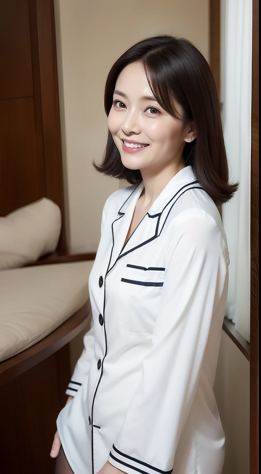 Masterpiece,Best quality, (maam. clerk:1), ((Portrait:1.3)), Cross arms， Smile，Deep V-neck pajamas temptation，Long legs，skin hyper-detail，Clear pores，in a panoramic view，Cocked buttocks，black lence stockings，Beautiful young Japanese woman over 40 years old,  Perfect face, Fantastic look,  (Detailed facial features),  Clean and nice face