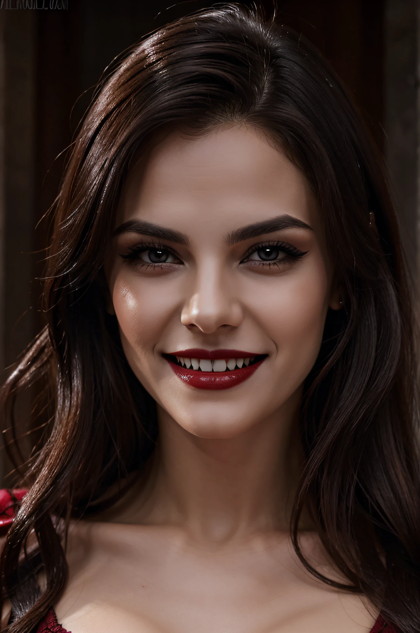 A close up of a woman with long dark hair and a red dress - SeaArt AI