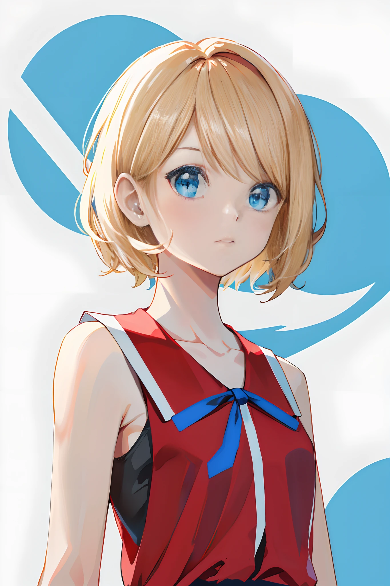 masterpiece, best quality, highres, serena \(pokemon\), short hair, blue eyes, 1girl, solo, red ribbon, eyelashes, neck ribbon, sleeveless, bangs, collarbone, bare arms, red dress , blue coat, white background, front, no scenery, looking at the viewer,upper body, facing viewer, solid color background, clean background, facing the camera, high resolution, expressionless calm face, white back ground, looking away, simple_background, blonde hair.