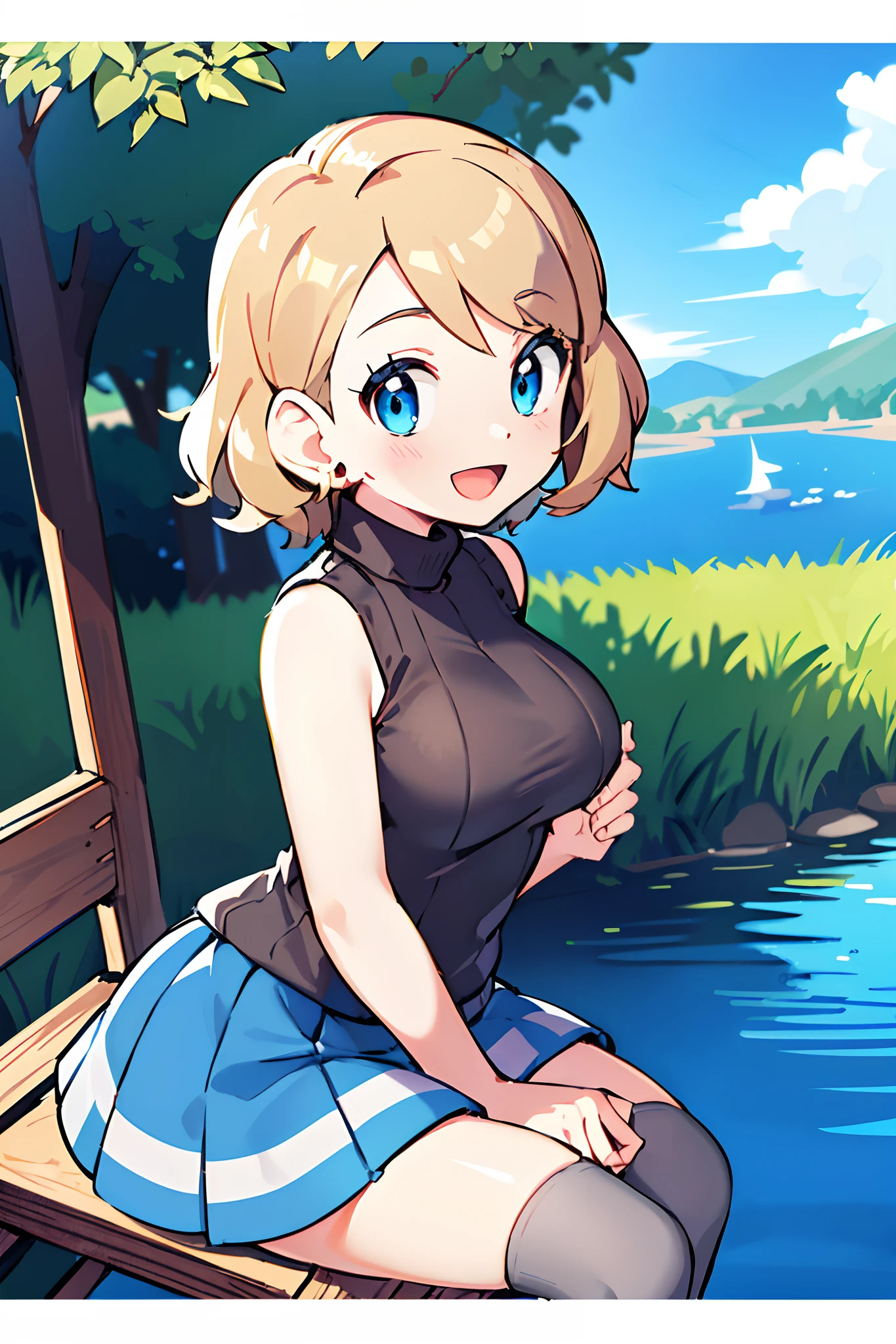 masterpiece, best quality, highres, serena \(pokemon\), short hair, blue earwear, blue eyes, 1girl, solo, sleeveless turtleneck, sweater vest, blue skirt, grey thighhighs, eyelashes, light grey sweater, light grey sweater, checkered skirt, short skirt, bangs, turtleneck sweater, sitting, side view, view from side, curvy, smiling, happy, medium breasts, teenager, lake, bench, skinny, hands on thighs, open mouth, looking at camera, jewelry, facing camera, slightly leaning forward,