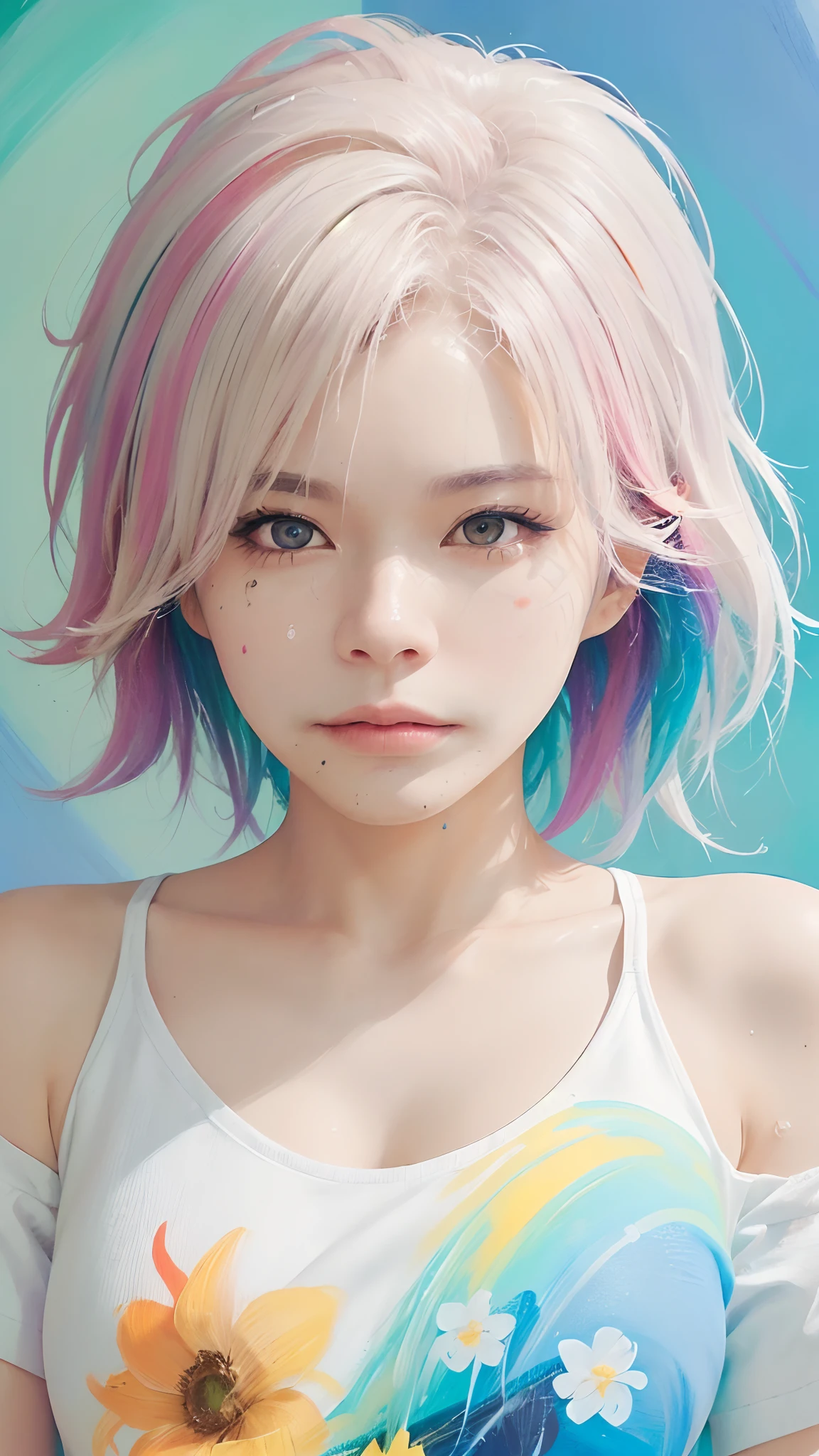 （Pink Fashion T-shirt：1.9），(Colorful hair: 1.8), (all the colours of the rainbow: 1.8),(((((vertical painting：1.6))), （painting：1.6），front, comics, illustrations, paintings, large eyes, crystal clear eyes,（ rainbow color gradient high ponytail：1.7）, exquisite makeup, closed mouth,(Small Fresh: 1.5),(Wipe Chest: 1.6) ，long eyelashes, white off shoulder T-shirt,  White Shoulder Shirt，looking at the audience, large watery eyes, (rainbow colored hair：1.6), color splash, （solo：1.8）, color splash, color explosion, thick paint style, messy lines, ((shining))，(colorful), (colorful), (colorful), colorful, Thick Paint Style, (Splash) (Color Splash), Vertical Painting, Upper Body, Paint Splash, Acrylic Pigment, Gradient, Paint, Highest Image Quality, Highest Quality, Masterpiece, Solo, Depth of Field, Face Paint,  colorful clothes, (Elegant: 1.2), gorgeous,long hair, wind, (Elegant: 1.3), (Petals: 1.4)，(((masterpiece))),(((best quality))),((ultra-detailed)),(illustration),(dynamic angle),((floating)),(paint),((disheveled hair)),(solo),(1girl) , (((detailed anima face))),((beautiful detailed face)),collar,bare shoulders,white hair, ((colorful hair)),((streaked hair)),beautiful detailed eyes,(Gradient color eyes),(((colorful eyes))),(((colorful background))),(((high saturation))),(((surrounded by colorful splashes))),