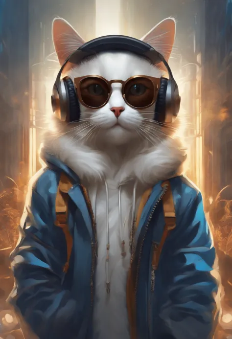 Perfect centering, a cute little cat, Wear a student jacket, Wearing sunglasses, Wearing headphones, Standing position, Abstract beauty, Centered, Looking at the camera, Facing the camera, nearing perfection, Dynamic, Moonlight, Highly detailed, Digital pa...