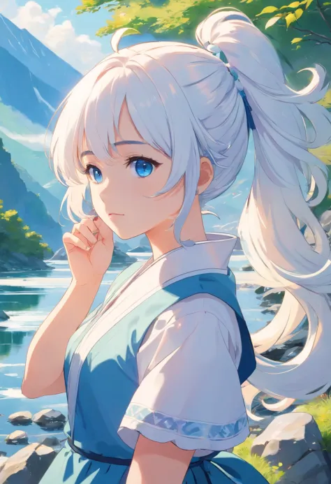 White color hair，Double ponytail curls，blue color eyes，White Lolita，Beth，The mountains and rivers of the national style