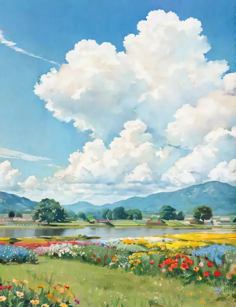 A field was drawn，There are flowers and a river in the middle, anime countryside landscape, Summer landscape, author：Miu Komatsu...