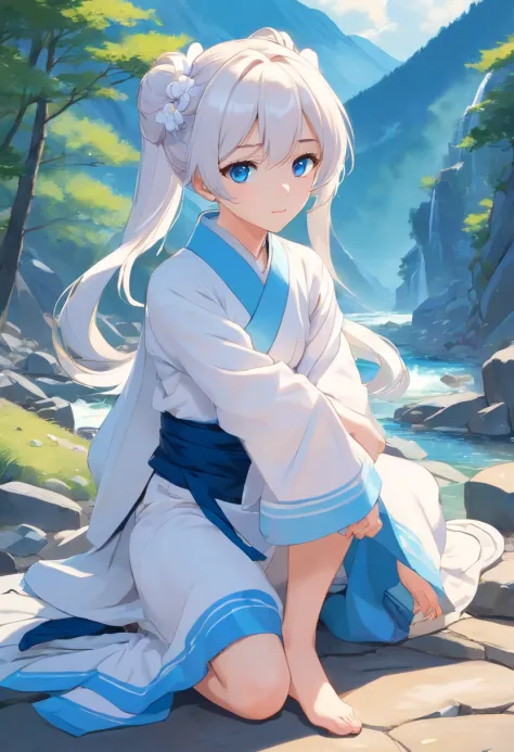 White color hair，Double ponytail curls，blue color eyes，White Lolita，White silk Hanfu，The mountains and rivers of the national style，All with black stocking feet，