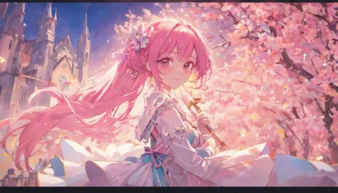 Bride with long pink hair holding a wedding bouquet in both hands，Fox ears and tail，Hold flowers in both hands，Garden background outside the church，Gorgeous light wedding dress with a long skirt，Cherry blossoms flying，Flowing skirts and hair，43 composition...