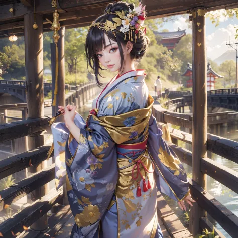 Detailed background(Bridge over a deep valley)、(Gorgeous and elegant backgrounds:1.2), (standing on a bridge:1.5)、BREAK,elaborate costume{Luxury kimono(Colorful kimono(Detailed golden embroidery,))}、(Japanese Idol(actress):1.2)(face perfect:1.2),Depict a b...