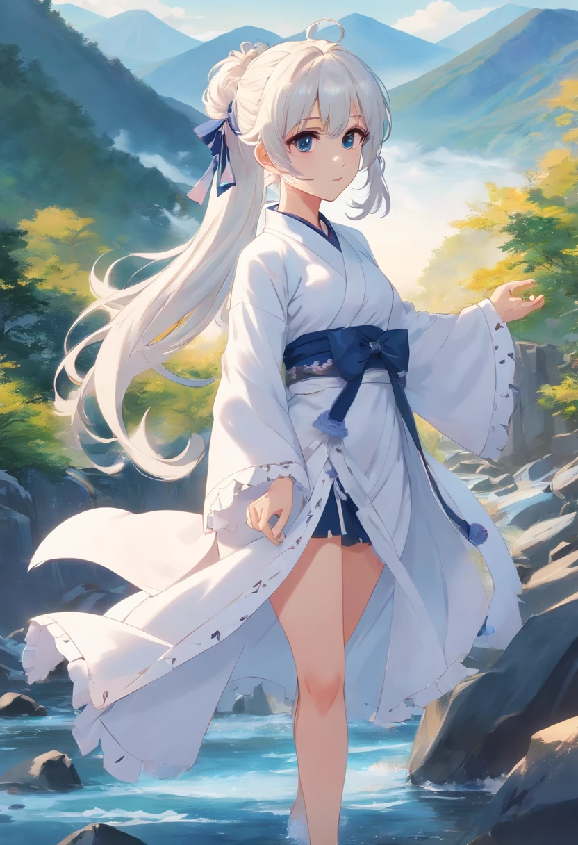 White color hair，High ponytail curls，Black eyes，White Lolita，White silk Hanfu，The mountains and rivers of the national style，Black stocking feet all over the body，