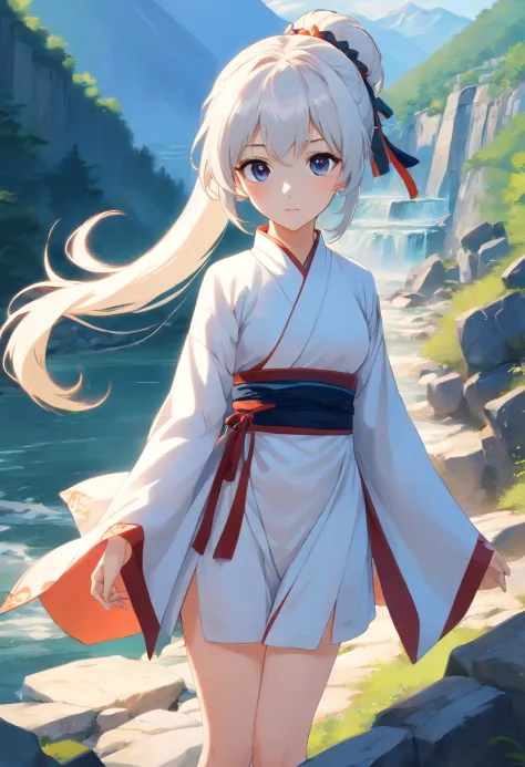 White color hair，High ponytail curls，black big eyes，White silk Hanfu，The mountains and rivers of the national style，Black stocking feet all over the body，