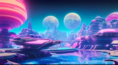 “((Best quality)), ((masterpiece)), ((dreamy)), ((synthwave punk)),"Imagine a dreamy fantastical dreamscape of detailed "spaceship sci fi anime" under the sea, background are fairy tale little mermaids wearing red headphone swimming around the "spaceship s...