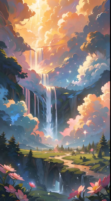 A combination of Hayao Miyazaki's cartoon styles and "My little pony"; Rainbow from earth to cloud,,, steam locomotive with two cars, Soap bubbles are flying around, Pegasus, Unicorns, pony. Below on earth is a fairytale forest, A sparkling waterfall is po...