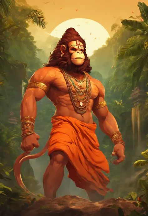 LORD HANUMAN ,a 35 years old man who has a face of a monkey, has a long tail as a monkey, proper super detailed eyes, proper super detailed hands, proper super detailed legs, An Indian god, Lord Hanuman, face of a monkey , moderate stature, has a big tail,...