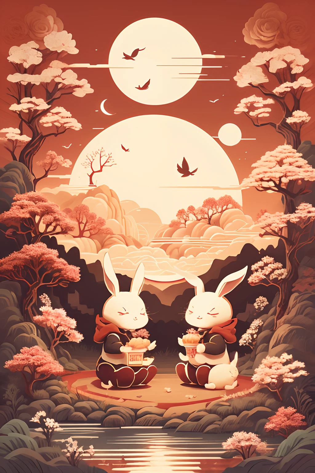 Two cute rabbits eating mooncakes，Osmanthus trees around，The sky has a bright moon，Mid-Autumn Festival，warm color，Medium shot，Realistic details，A high resolution，gentlesoftlighting