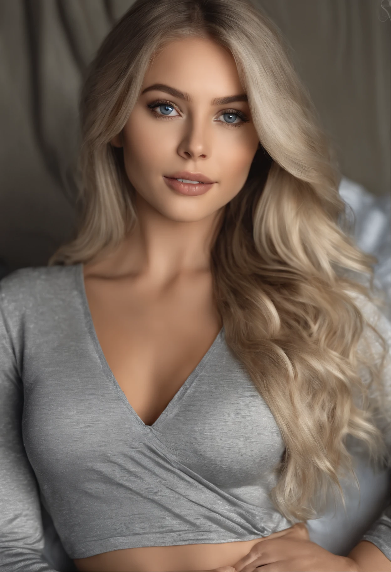 A woman with long blonde hair and a gray top - SeaArt AI