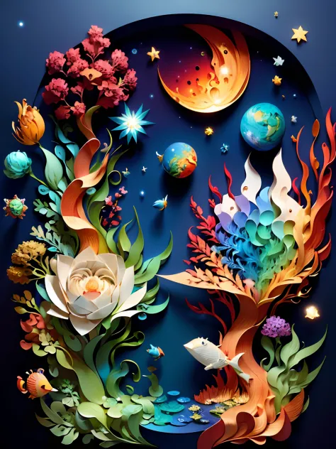 (((masterpiece))),best quality, illustration, earth, water ,fire, wind , space  , paper_cut,